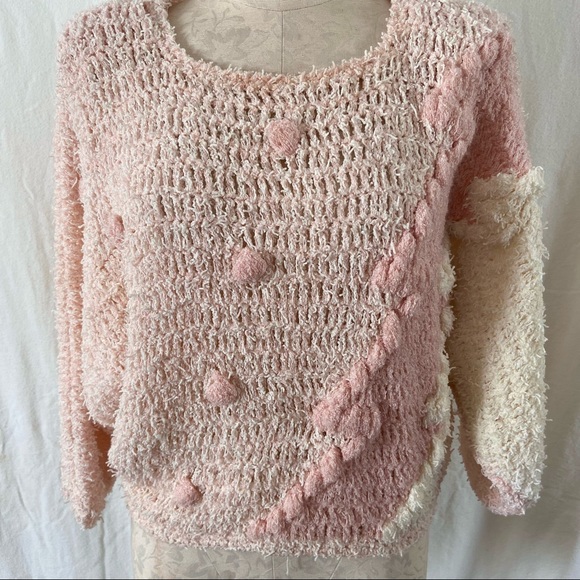 Vintage 80’s pastel pink hand crochet knit sweater - Picture 2 of 8